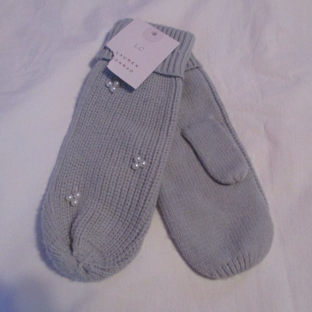 Lauren Conrad Grey with Faux Pearls Mittens Gloves NWT